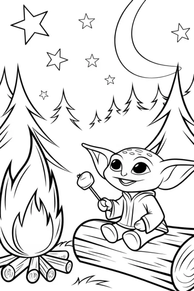 Baby Yoda’s Starry Night Campfire Coloring Page