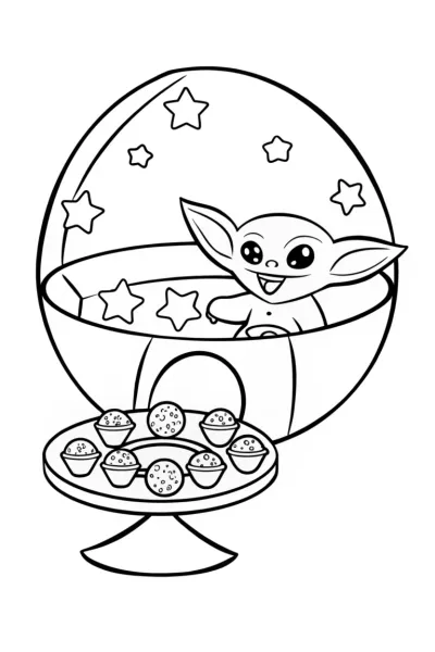 Baby Yoda’s Cosmic Snack Time Coloring Page