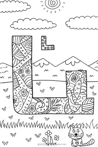 Letter L Coloring Page with a Cute Cat
