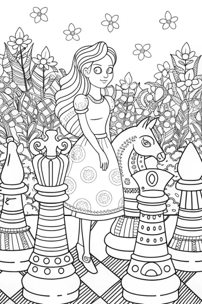 Alice in the Enchanted Chess Garden Coloring Page