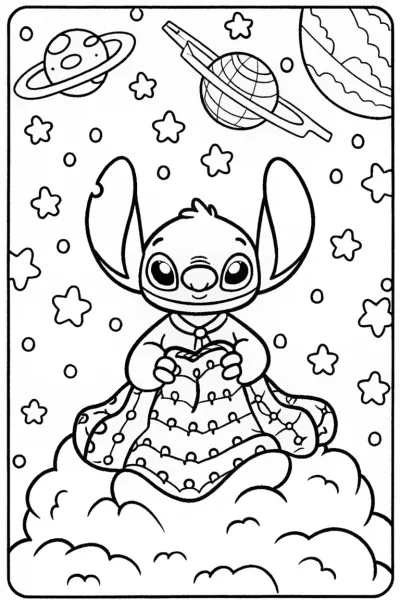 Stitch’s interstellar quilt journey coloring page