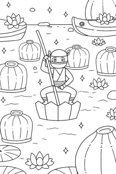 Ninja at the Floating Lantern Festival Coloring Page