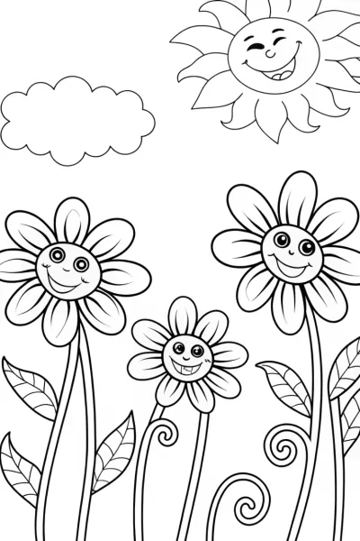 Flower Friends on a Windy Day Coloring Page