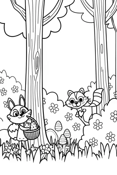 Whimsical Woodland Easter Egg Hunt Coloring Page