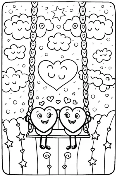 Heart Characters on a Swing Coloring Page