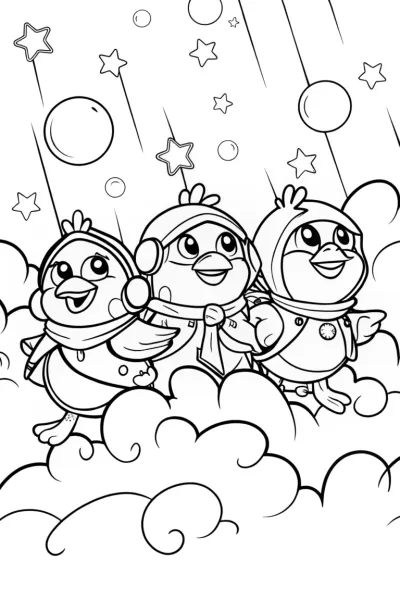 Chickens on a Cloudy Adventure Coloring Page