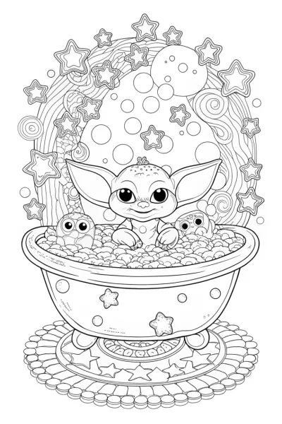 Baby Yoda’s Bubble Bath Adventure Coloring Page