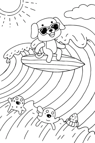 Surfer Dog’s Summer Adventure Coloring Page