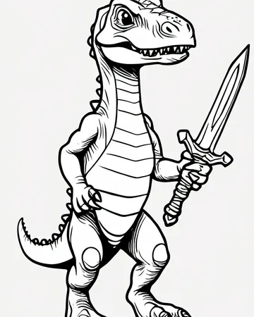 A coloring page of Little Dino holding a sword