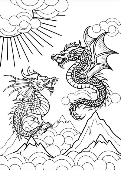 Ferocious Dragon in the Clouds Coloring Page