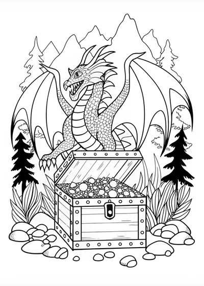 Dragon Guarding Treasure Chest Coloring Page