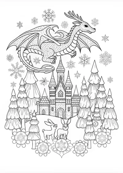 Dragon in the Winter Forest Coloring Page