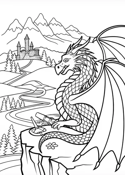 Dragon on the Mountain Coloring Page