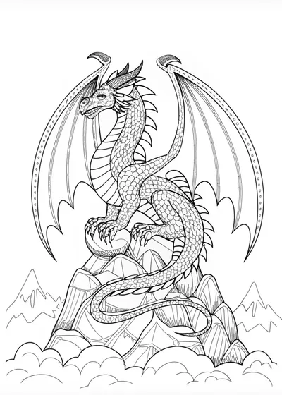 Dragon on the Mountain Peak Coloring Page