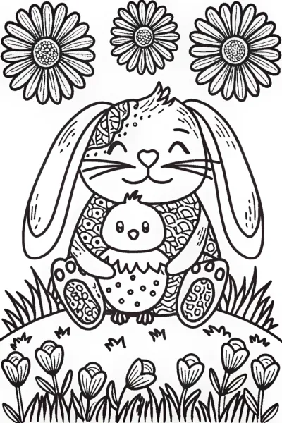 Bunny and Chick Snuggle Coloring Page