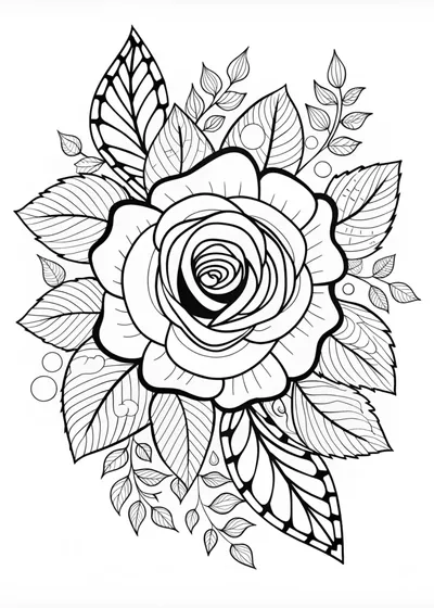 Elegant Rose with Detailed Leaves Coloring Page
