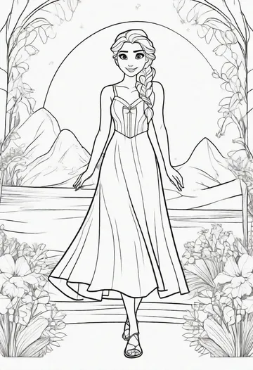 A coloring page of Elsa in a sundress