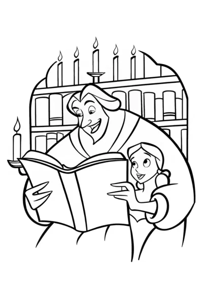 Belle and The Beast in the Enchanted Library Coloring Page