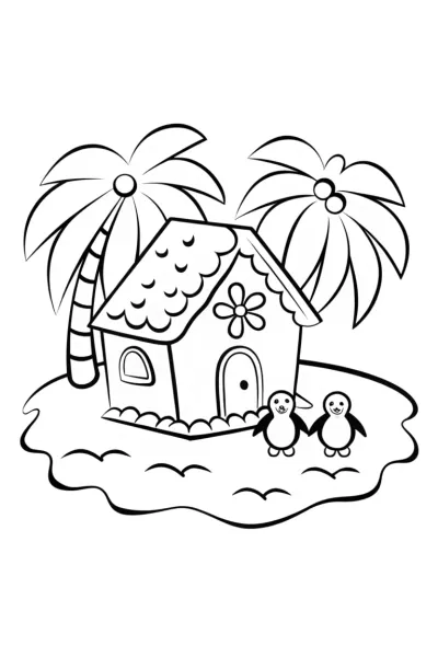 Gingerbread House on a Winter Island Coloring Page