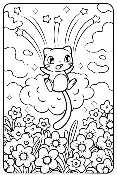 Mew and the Magical Floating Garden Coloring Page