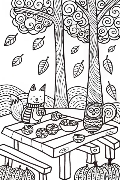 Fox and Owl Autumn Picnic Coloring Page