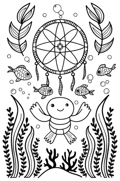 Axolotl’s Underwater Dreamcatcher Adventure Coloring Page