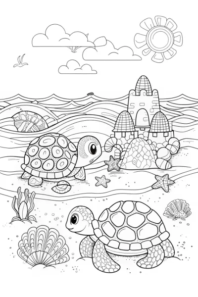 The Happy Turtle Family Beach Coloring Page