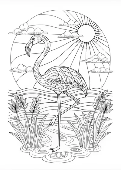 Flamingo at Sunrise Coloring Page