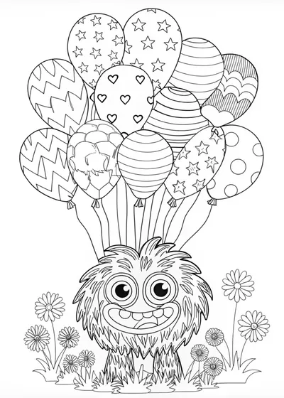 Furry Monster and Balloon Coloring Page