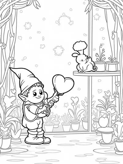 Gnome watering heart-shaped flowers