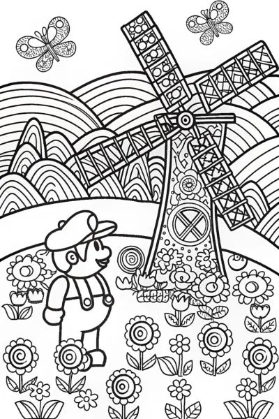 Mario’s Whimsical Windmill Adventure Coloring Page