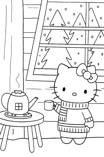 Hello Kitty’s Cozy Winter Cabin Coloring Page