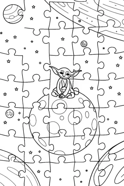 Baby Yoda’s Cosmic Puzzle Play Coloring Page