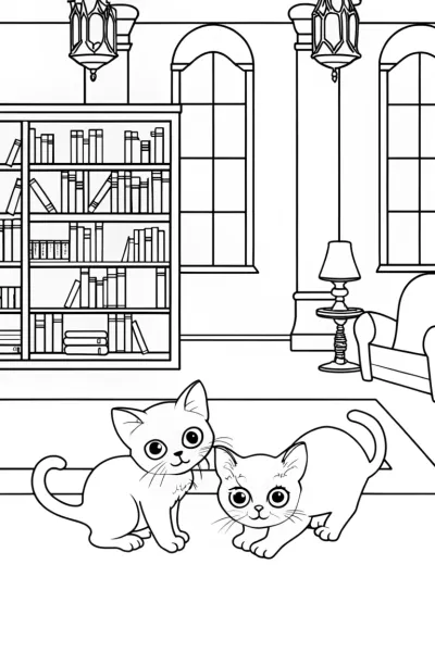 Kittens playing in a magical library
