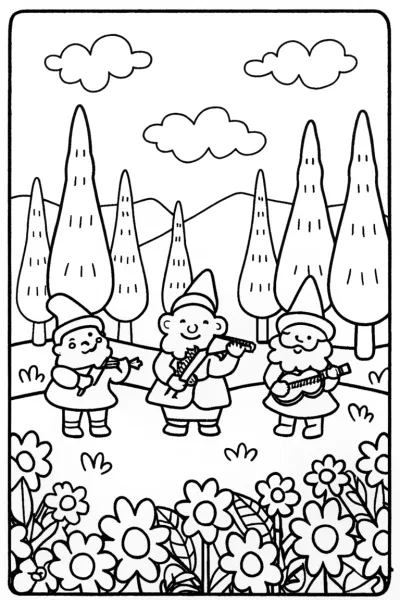 Gnome Garden Orchestra Coloring Page