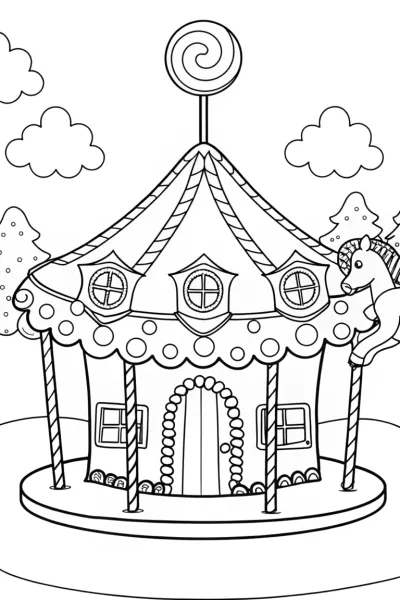 Gingerbread House on a Candy Carousel Coloring Page