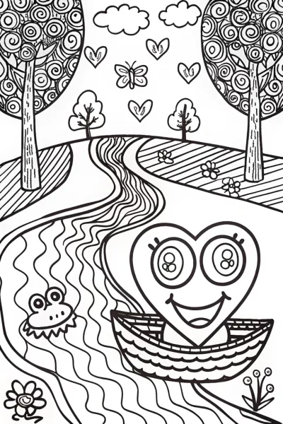 Heartful River Adventure Coloring Page