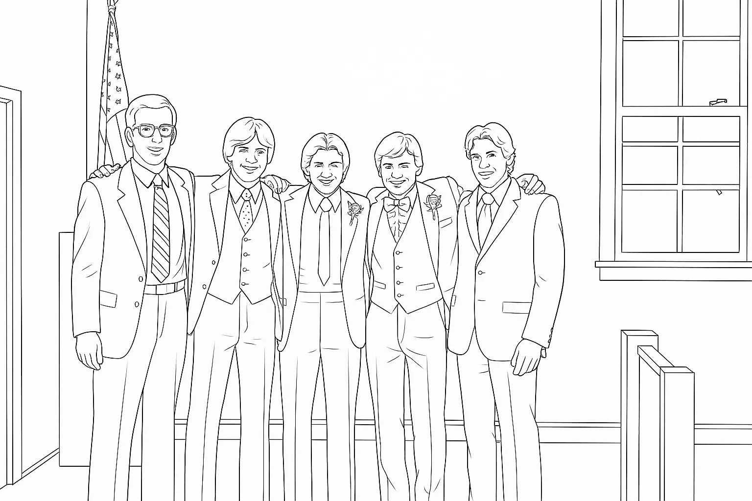 A coloring page of groomsmen at a wedding