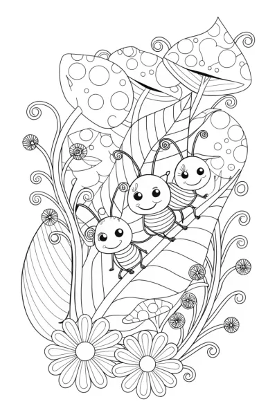 Adventurous Ants on a Leaf Coloring Page