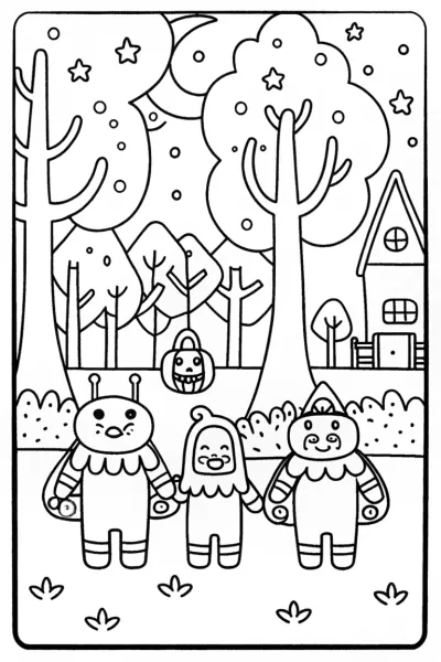 Happy Monsters Halloween Coloring Page