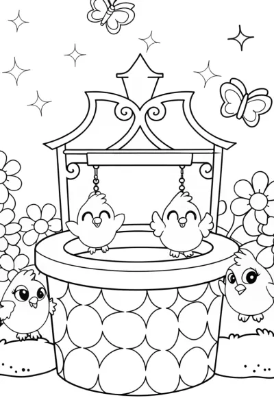 Chickens in a Garden of Wishes Coloring Page