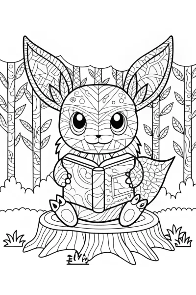 Eevee reading in the forest