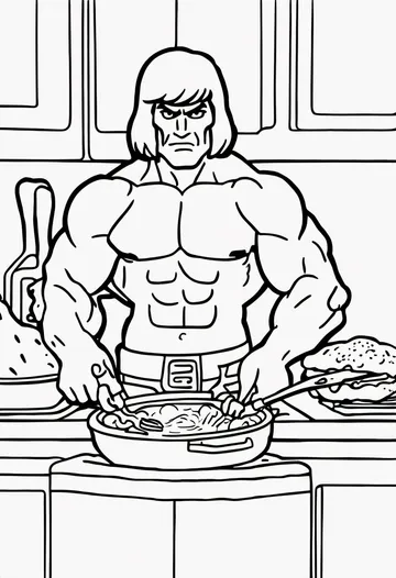 A coloring page of He man cooking breakfast