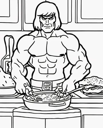 A coloring page of He man cooking breakfast