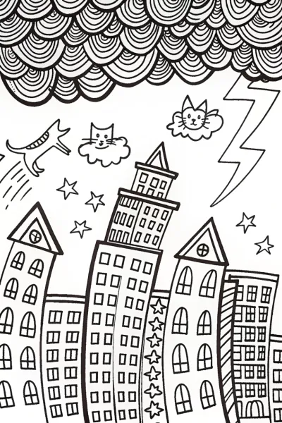 Whimsical City Coloring Page with Dancing Animals