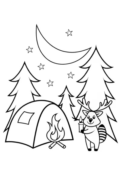 Happy Raccoon and Deer Camping Coloring Page