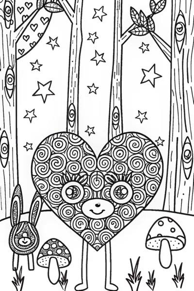Heartfelt Adventure in the Enchanted Forest Coloring Page