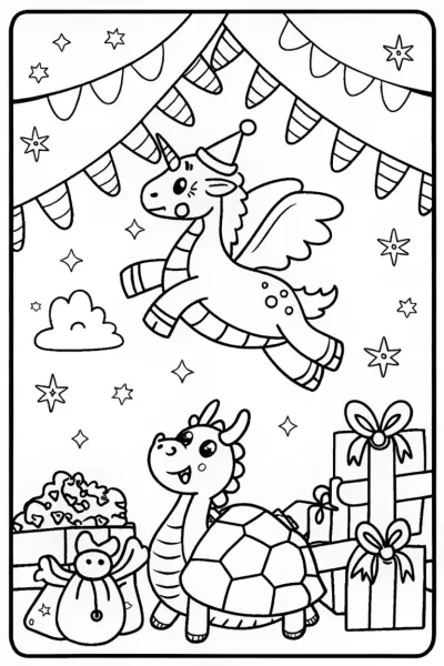 Christmas Parade of Fantasy Animals Coloring Page