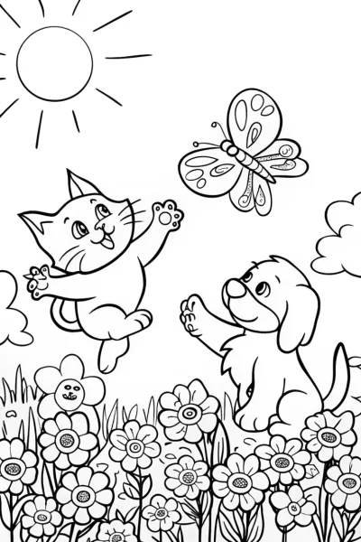 Kitten and Puppy in the Garden Coloring Page
