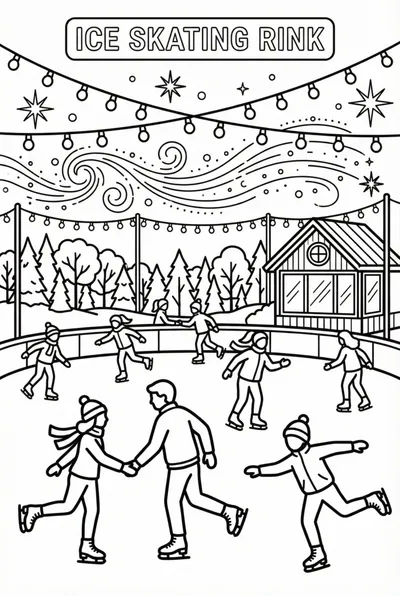Ice Skating Rink with Figures and Colorful Lighting Coloring Page